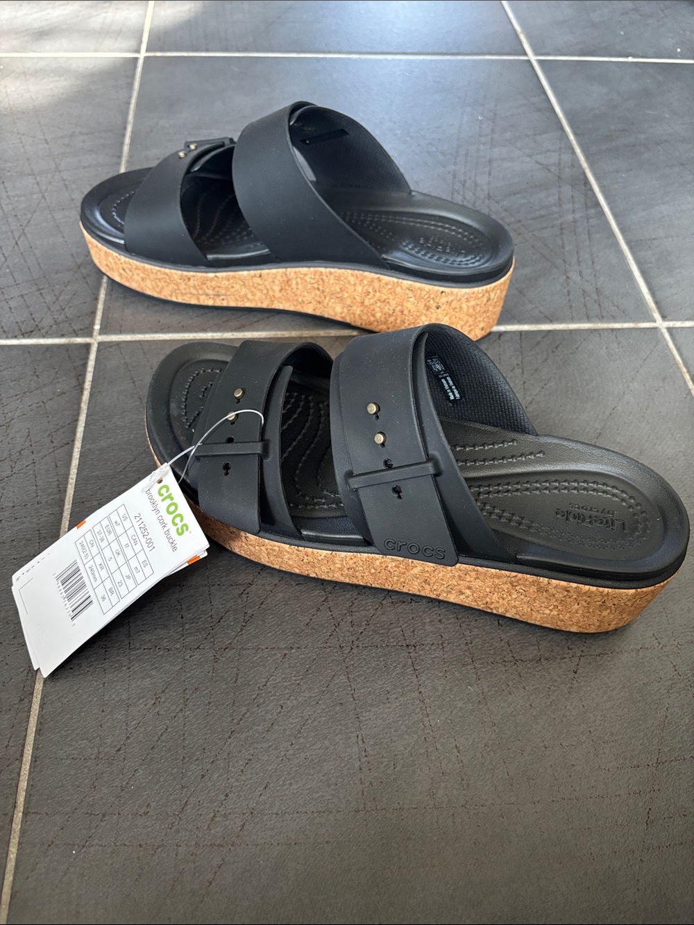 CROCS Womens Black Brooklyn Cork Buckle Slide Sandals